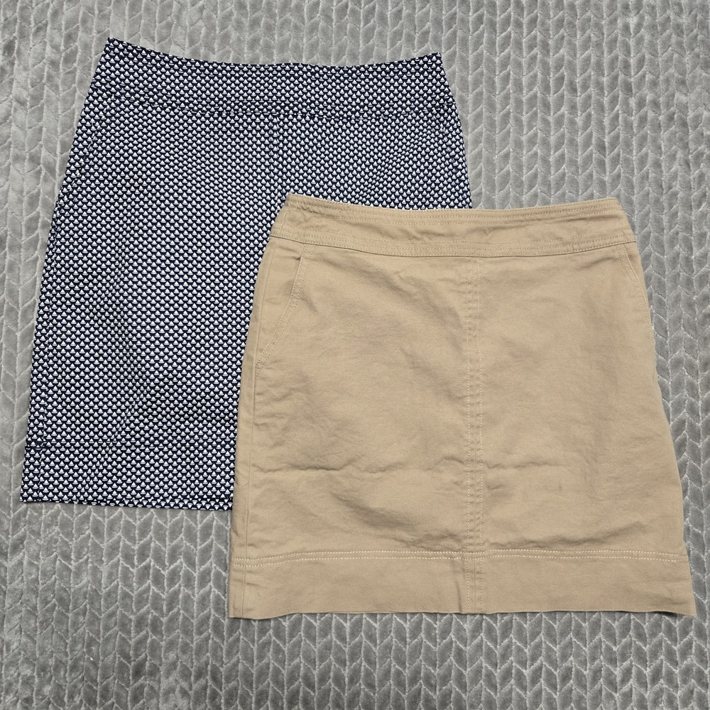 2 Talbots Petites Blue Geometric Khaki Cotton Spandex Pencil Skirt 2P LK4974